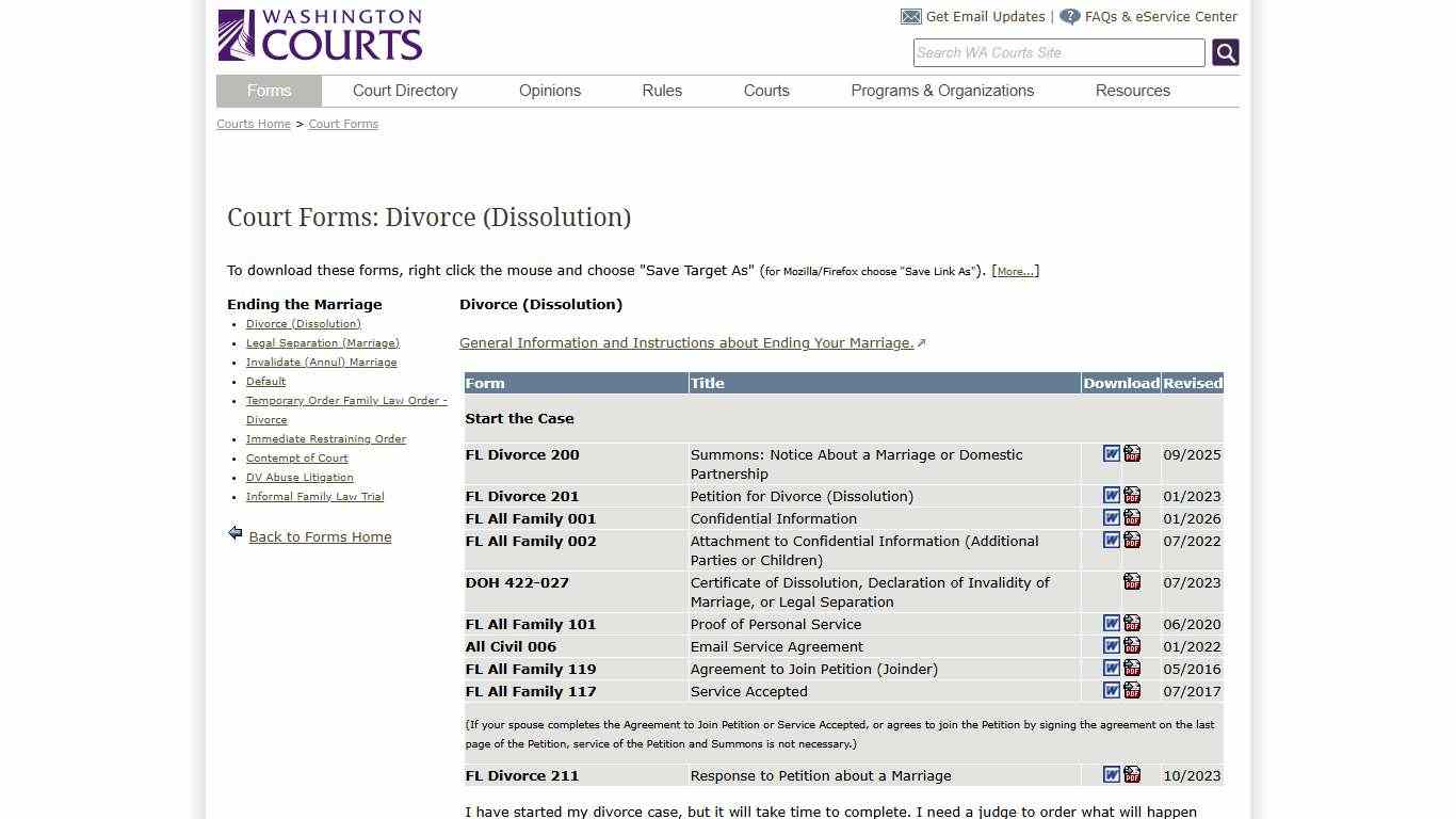 Washington State Courts - Court Forms - Dissolution (Divorce)